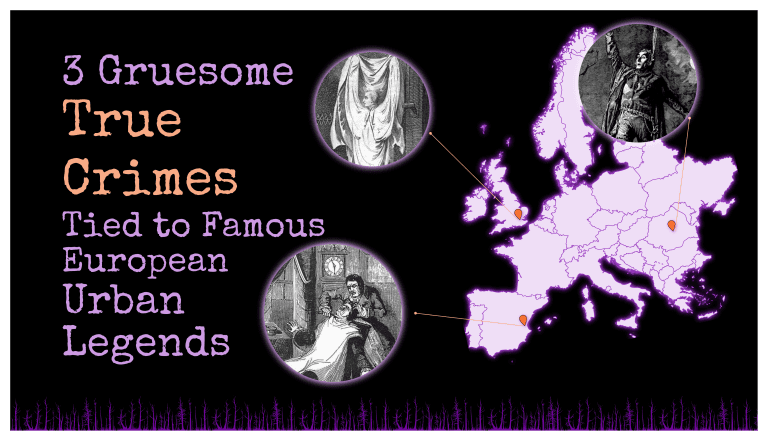 A historical map of Europe highlighting the dark tourism locations of the Cursed Voices podcast: the Demon Barber of Valencia, the real Dracula in Romania, and the Hammersmith Ghost in London.