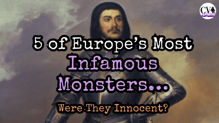 A blog header for Cursed Voices titled 5 of Europe's Most Infamous Monsters Were They Innocent, behind the text is a portrait of Gilles de Rais.