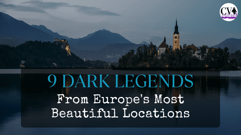 Lake Bled island church at dusk representing beautiful places in Europe with dark history from Cursed Voices.