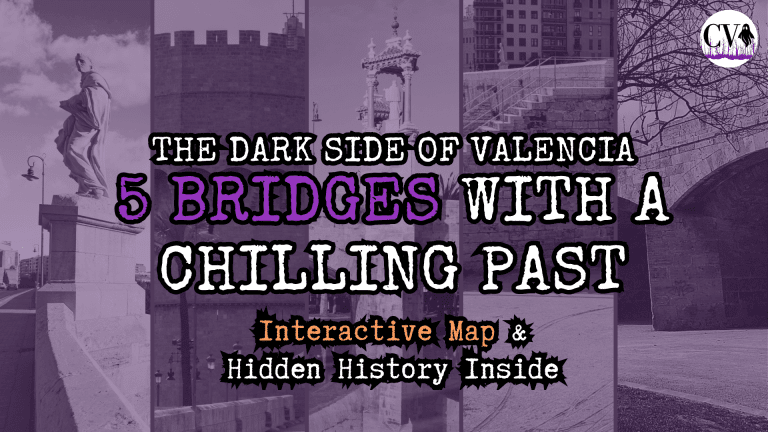 A purple-tinted vertical collage of five historic bridges in Valencia, Spain, featuring overlay text that reads "The Dark Side of Valencia: 5 Bridges with a Chilling Past" along with the Cursed Voices Podcast logo.