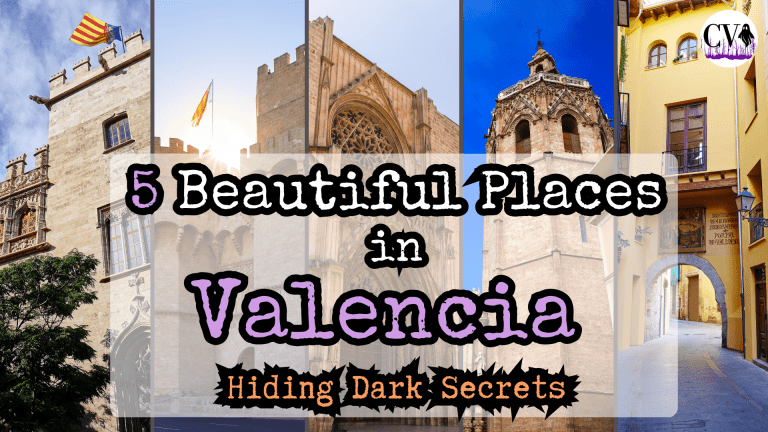 '5 Beautiful Places in Valencia Hiding Dark Secrets' text overlay, split image showing 5 architectural scenes from Valencia, Spain